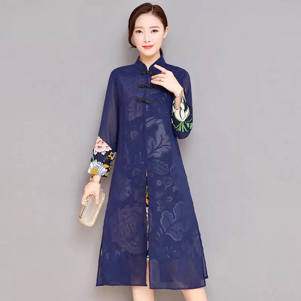 🔹 Blue Chinese Dress 🔹